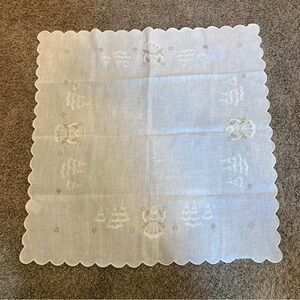 vintage linen table topper white, Christmas Theme, Embroidered Scalloped edge